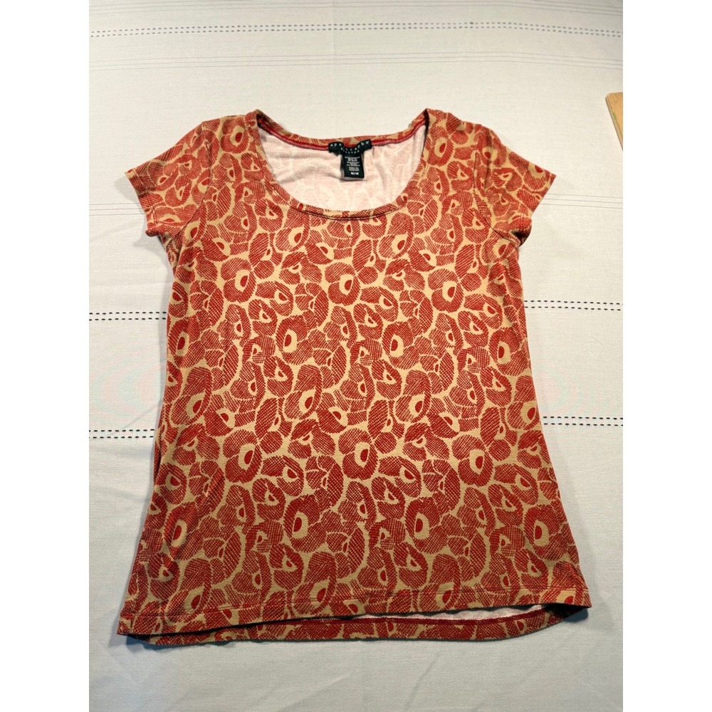Apostrophe Stretch Womens Red Tan Abstract Print Scoop Neck Short Sleeve Top M